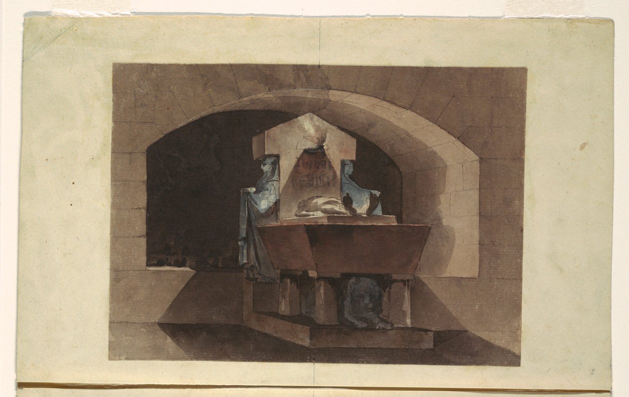 Tegning, Gravkapel i egyptisk stil med karyatider og en løve, ca. 1779-84 af Louis Jean Desprez