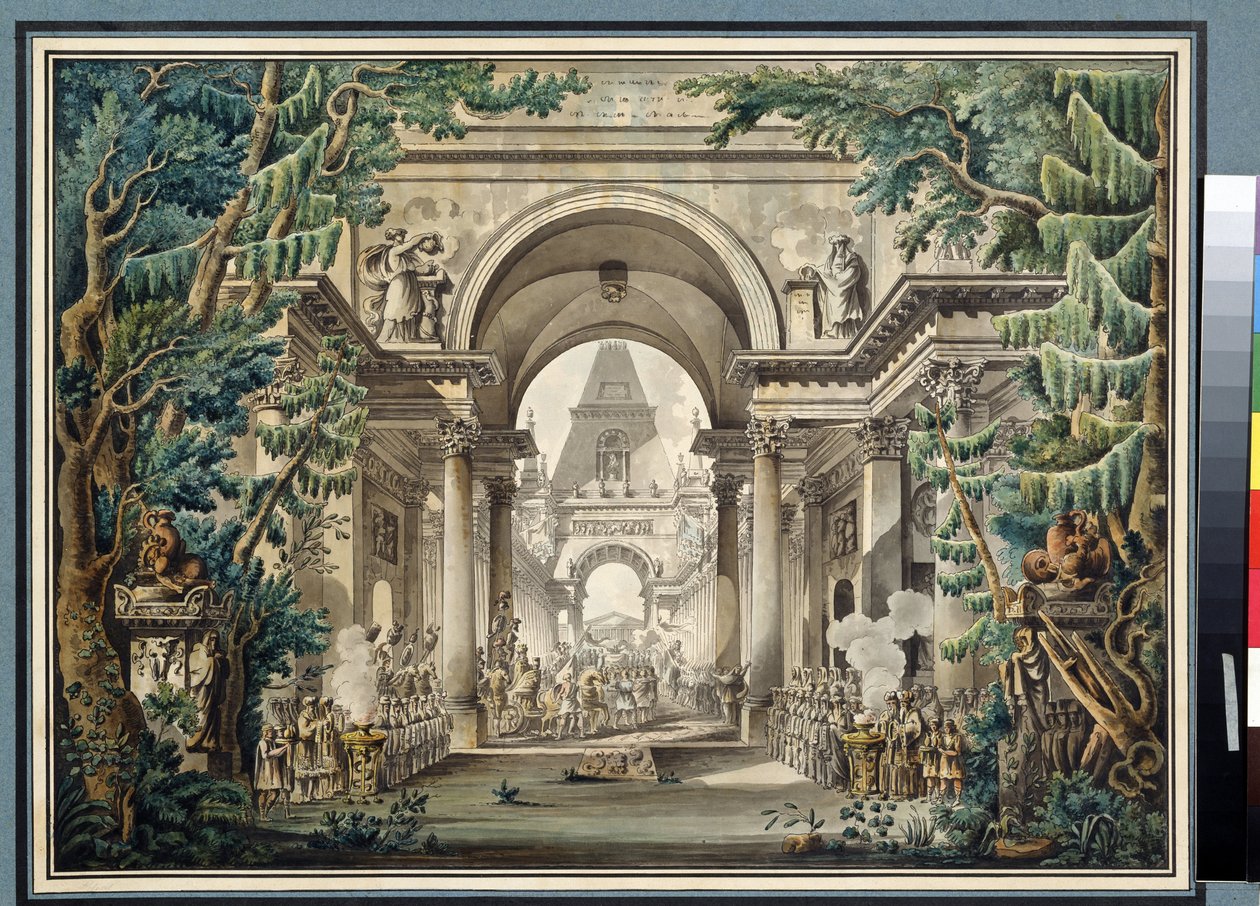 ""La procession au temple"" (Procession i et tempel) Scenografi til et teaterstykke. Akvarel af Louis Jean Desprez (1743-1804) Pushkin Museum, Moskva af Louis Jean Desprez