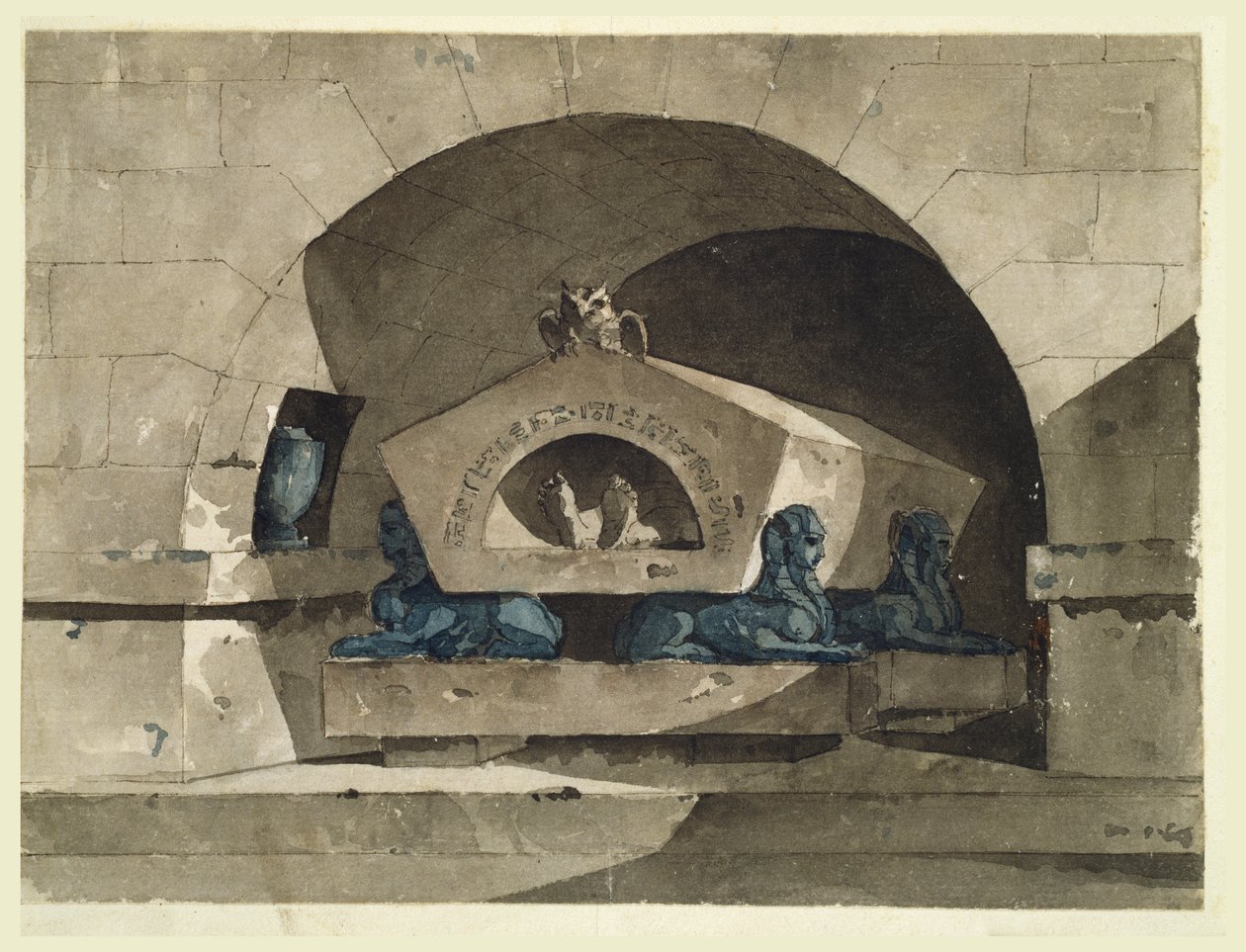 Grav i egyptisk stil med sfinxer og en ugle af Louis Jean Desprez