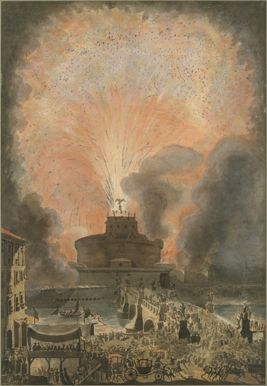 Girandola ved Castel SantAngelo, ca. 1781 (radering med håndfarvning) af Louis Jean Desprez
