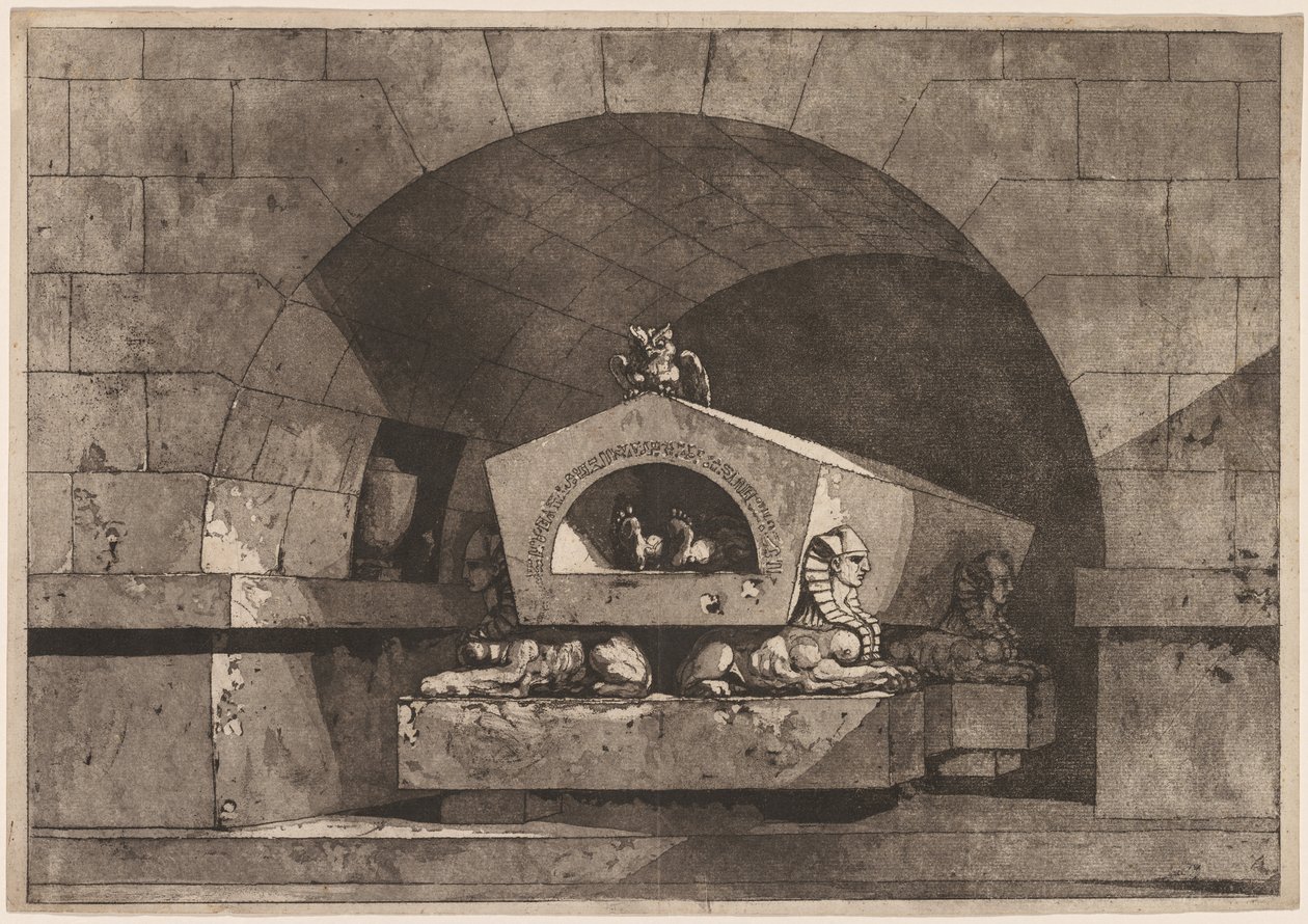 Tomb with Sphinx: Funerary Monument with an Owl on a Sarcophagus Supported by Sphinx, ca. 1779-84. af Louis Jean Desprez