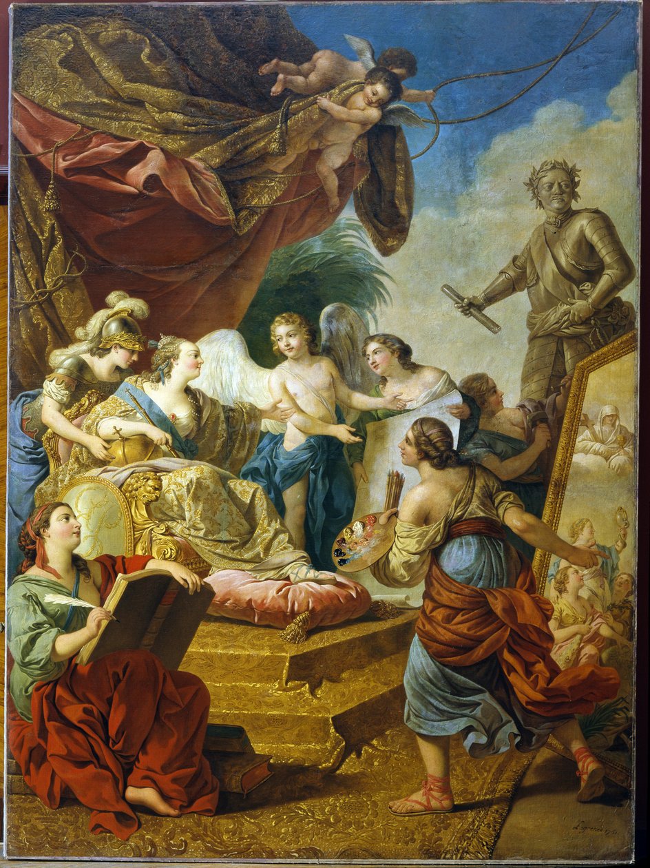 Kejserinde Elisabeth af Rusland (Tsarina Elisabeth I Petrovna Romanov, kendt som Clemente (1709-1762), kunstens skytshelgen. (Kejserinde Elisabeth Petrovna som Patronesse of the Arts). Maleri af Louis Jean Francois Lagrenee (1725-1805), olie på nettet af Louis Jean Francois I Lagrenee