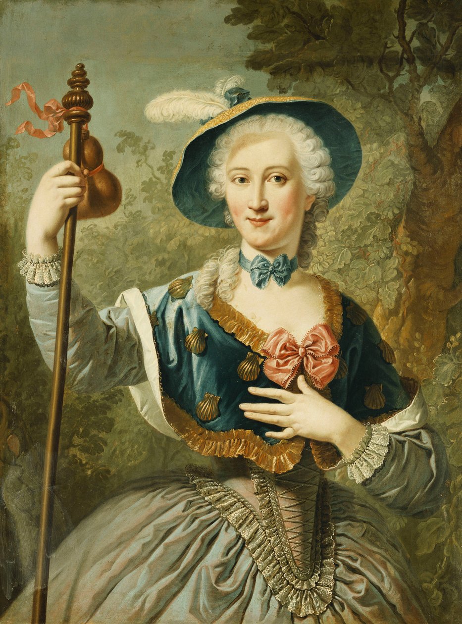 Portræt af en dame, trekvart længde, klædt som en pilgrim og iført en blå foret stråhat og fjer, 1747 af Louis Jean François Lagrenée