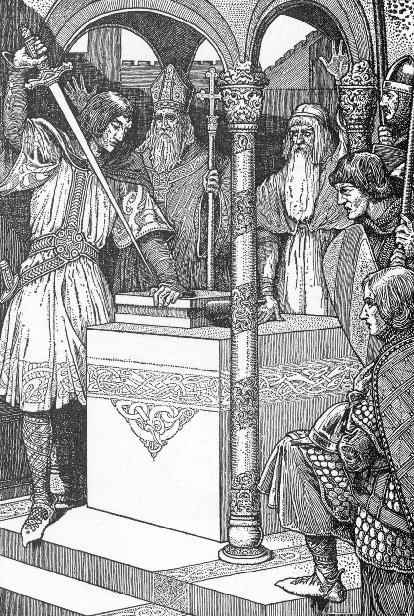 Arthur trak sværdet Excalibur frem fra en ambolt Illustration af Louis Rhead (1858-1926) fra "kong Arthur og hans riddere" 1923 Privat samling af Louis John Rhead