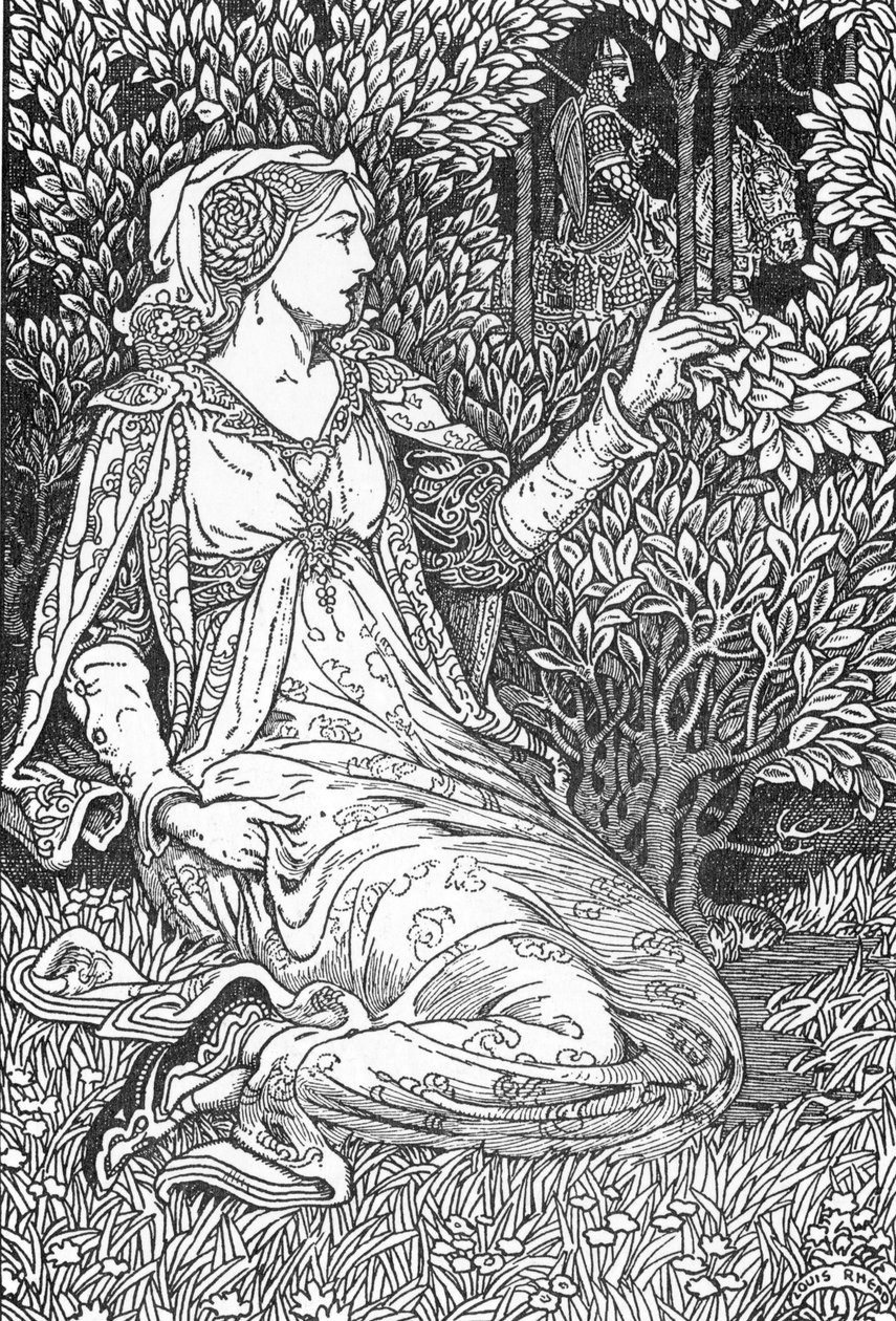La belle Iseult (portræt af Iseult (Isault)) Illustration af Louis Rhead (1858-1926) fra "Kong Arthur og hans riddere"" 1923 Privat samling af Louis John Rhead