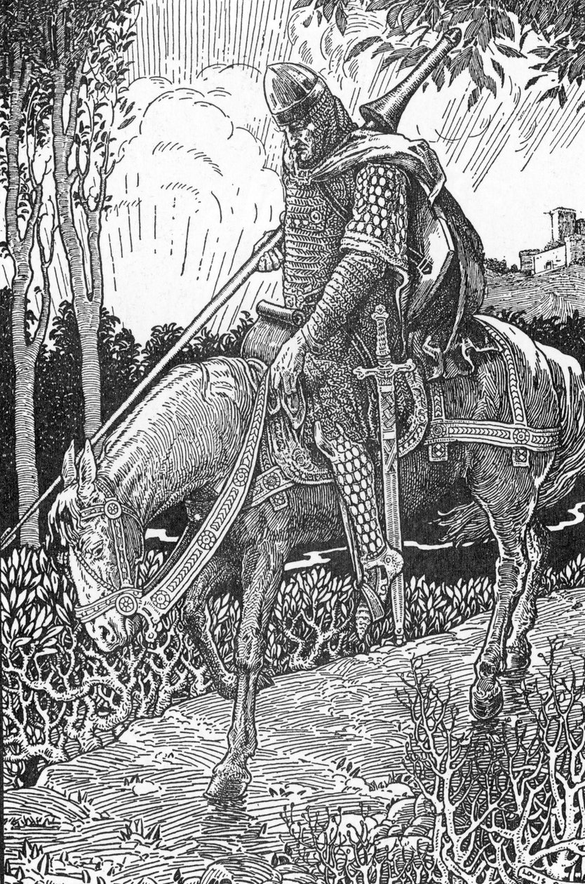 Mordred (Modred) sår efter slaget ved Camlann mod sin far kong Arthur (Mordred såret efter slaget ved Camlann) Illustration af Louis Rhead (1858-1926) fra "Kong Arthur og hans riddere" 1923 Privat samling af Louis John Rhead