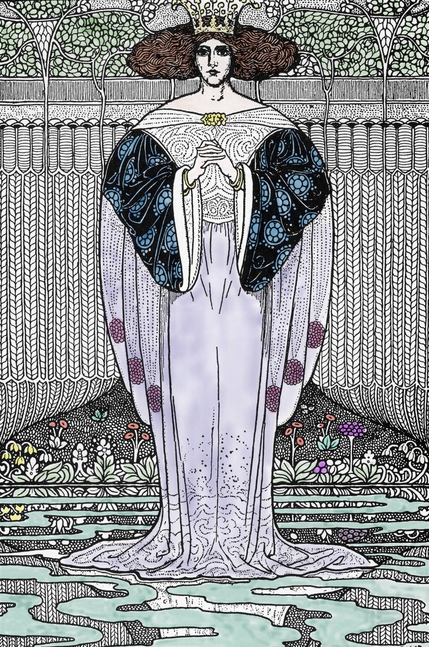 Repræsentation af Lady of the Lake (Nimue, Viviane) Illustration af Louis Rhead (1858-1926) til "Kong Arthur og hans riddere"" af Louis John Rhead