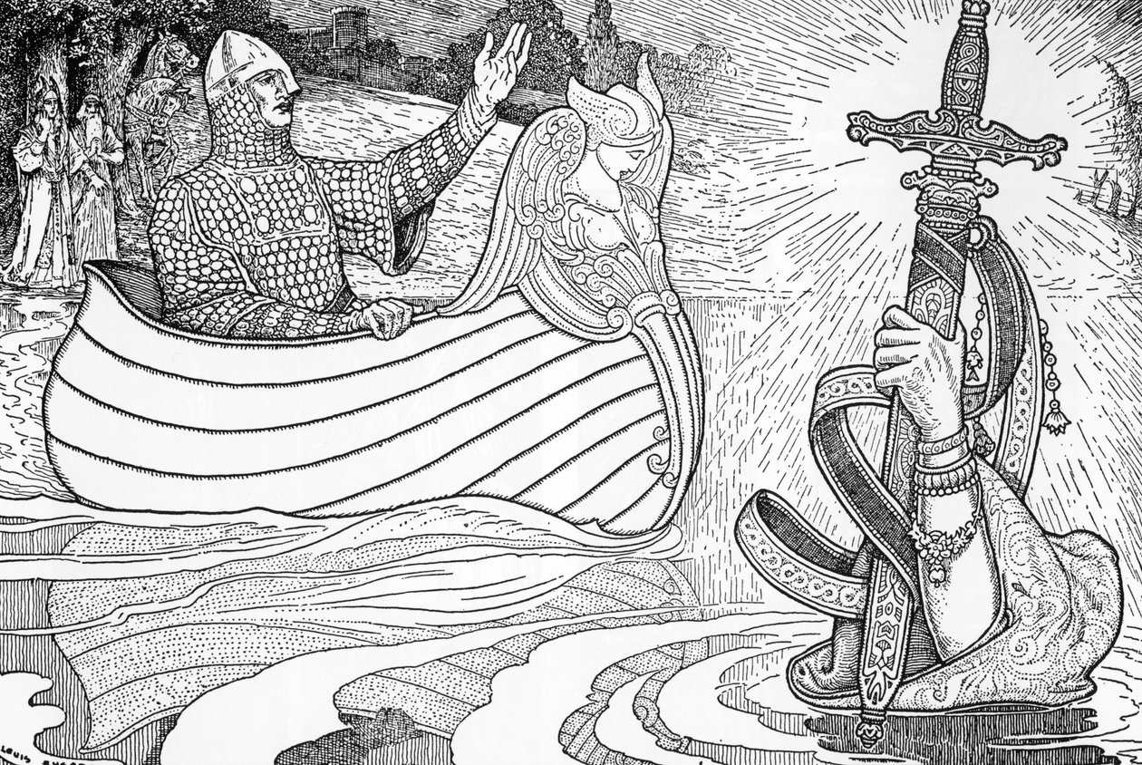 Repræsentation af Lady of the Lake (fee viviane), karakter af de Arthur-legender, der giver kong Arthur den anden Excalibur (Arthurisk legende: Lady of the Lake (Nimue, Viviane) giver kong Arthur sit sværd Excalibur) Illustration af Louis Rhead (1858) -1 af Louis John Rhead