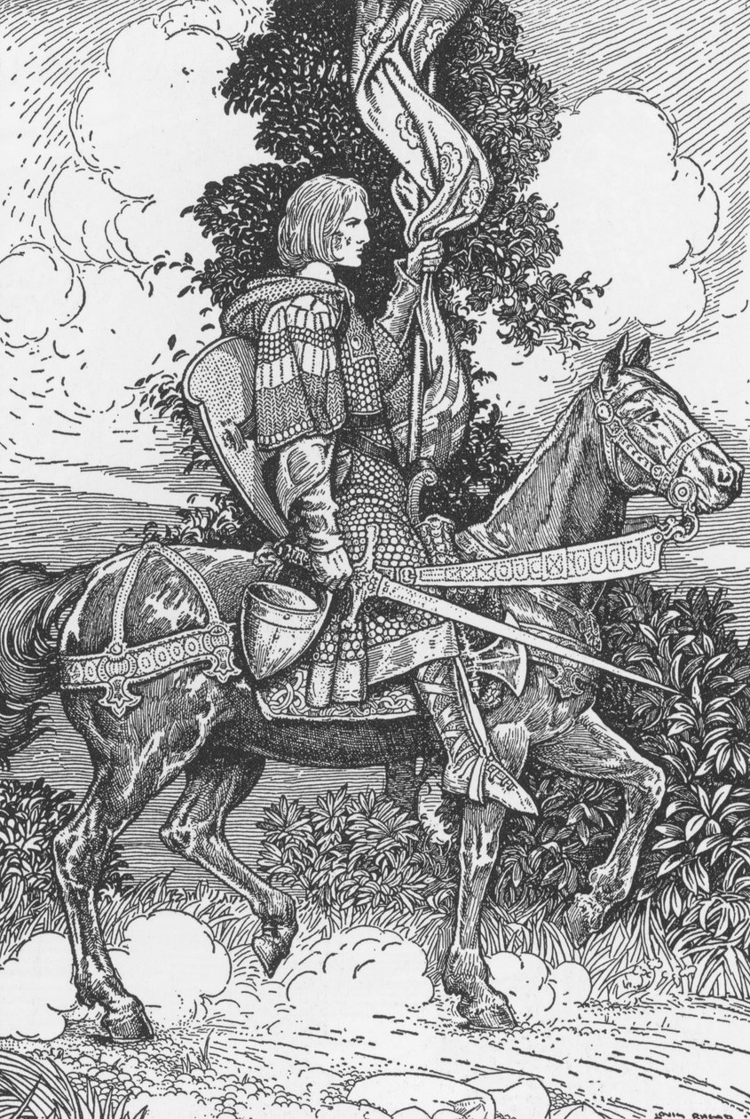 Sir Tristam rider til Tintagil slot Illustration af Louis Rhead (1858-1926) fra "Kong Arthur og hans riddere" 1923 Privat samling af Louis John Rhead