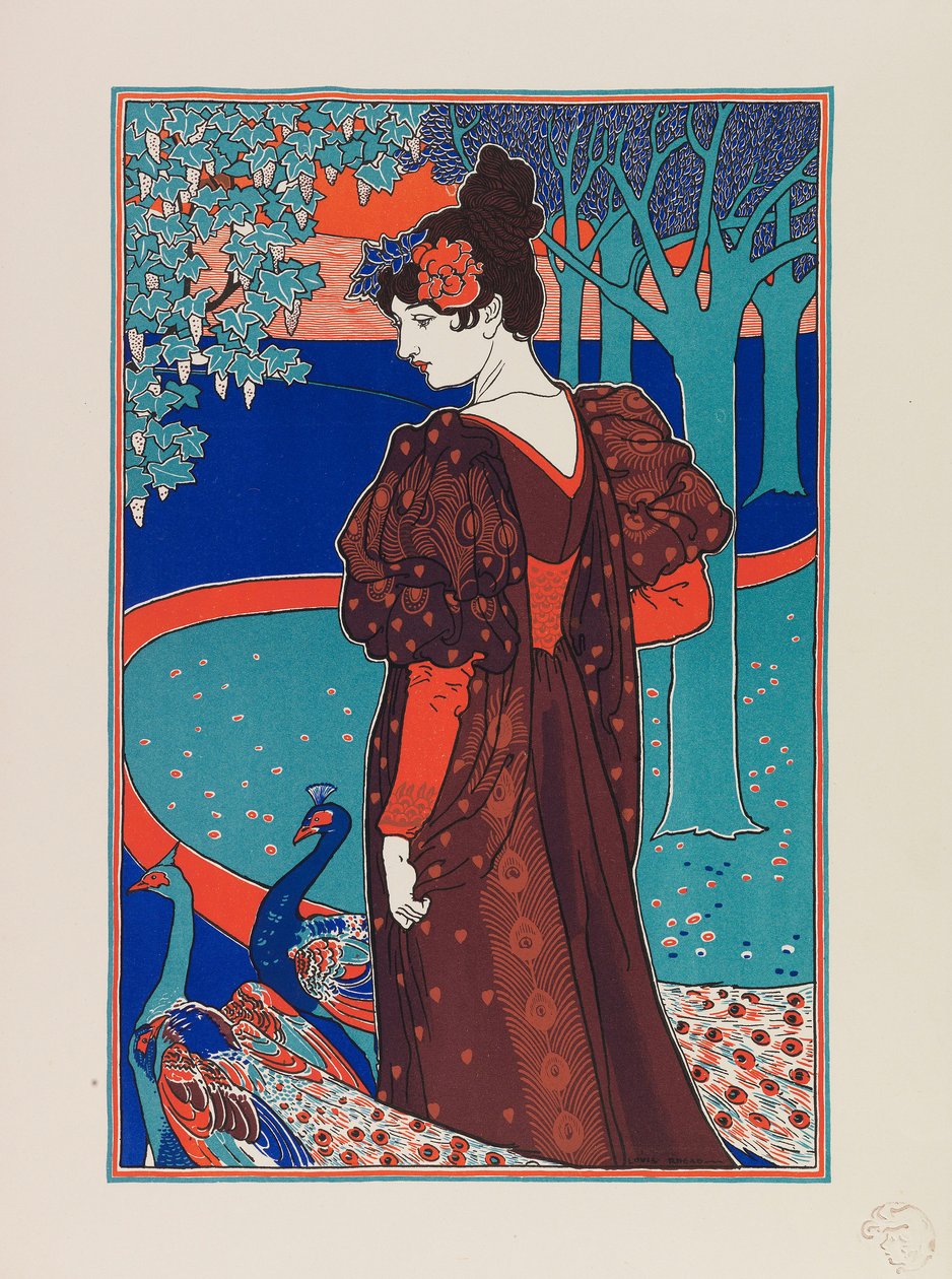 Kvinde med påfugle, ca 1897. af Louis John Rhead