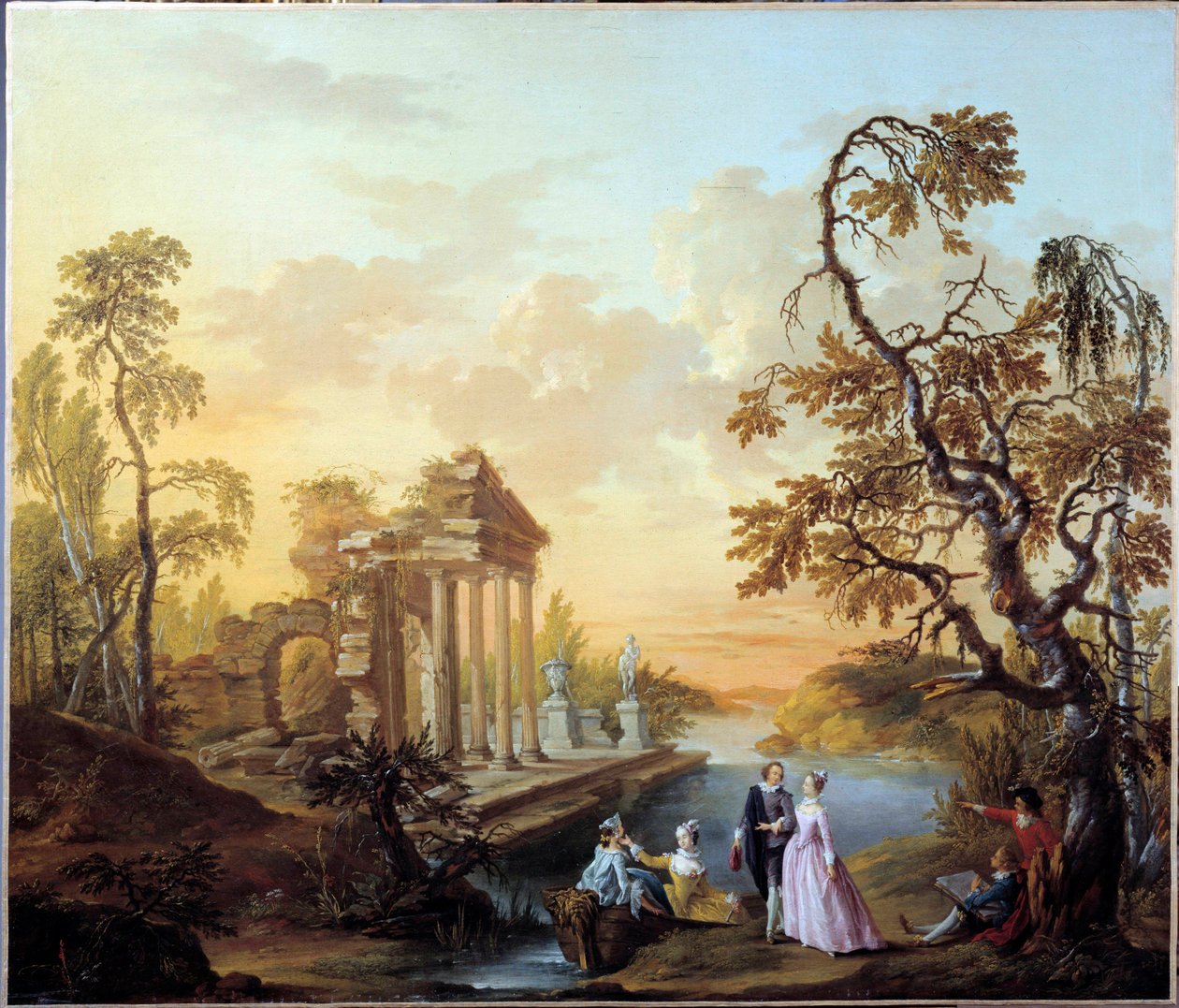 Hyldest til kærlighedsromantisk scene i et landskab af gamle ruiner i skumringen. Maleri af Louis Joseph Watteau dit Watteau de Lille (1731-1798) af Louis Joseph  Watteau