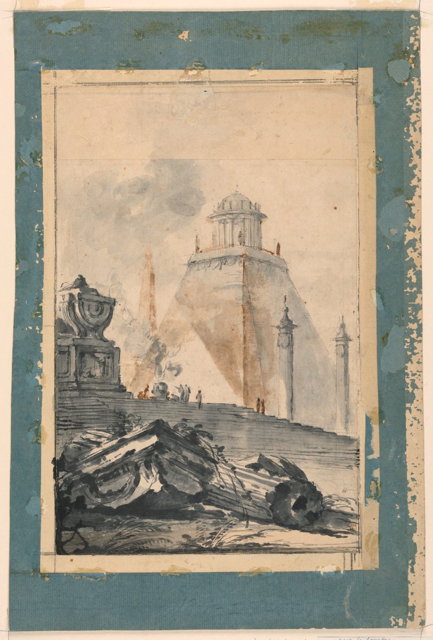 Arkitektonisk fantasi: Et cirkulært tempel på en afkortet pyramide af Louis Joseph Le Lorrain