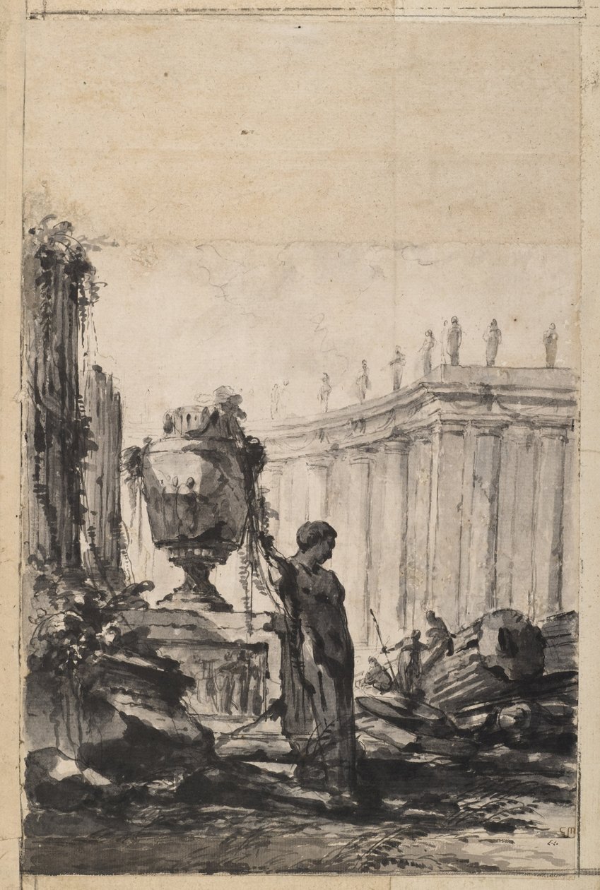 Arkitektonisk fantasi med vase, Herm og kolonnade af Louis Joseph Le Lorrain