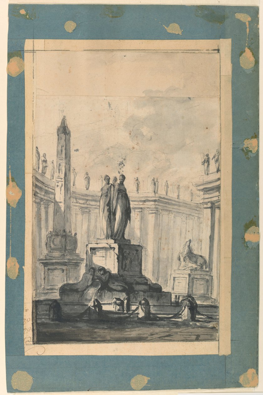 Tegning, Arkitektonisk fantasi med springvand og obelisk, ca. 1745 af Louis Joseph Le Lorrain