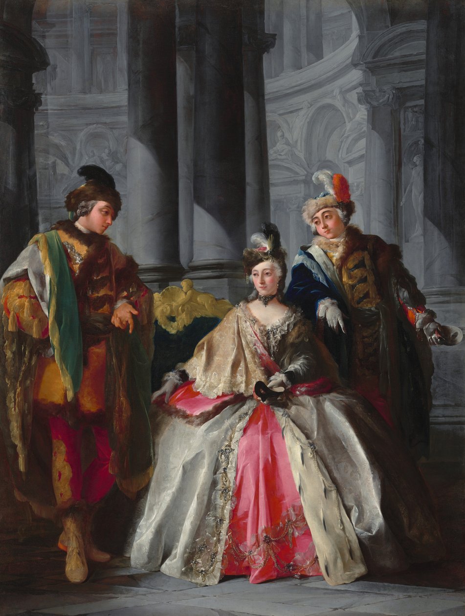 Tre skikkelser klædt til en maskerade, ca. 1740