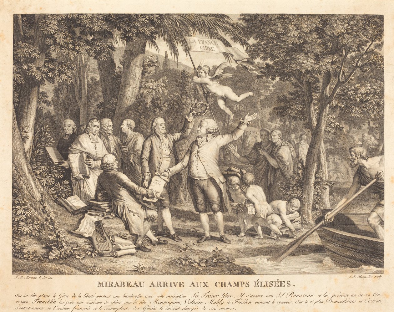 Mirabeau ankommer til Champs-Élisés af Louis Joseph Masquelier after Jean Michel Moreau