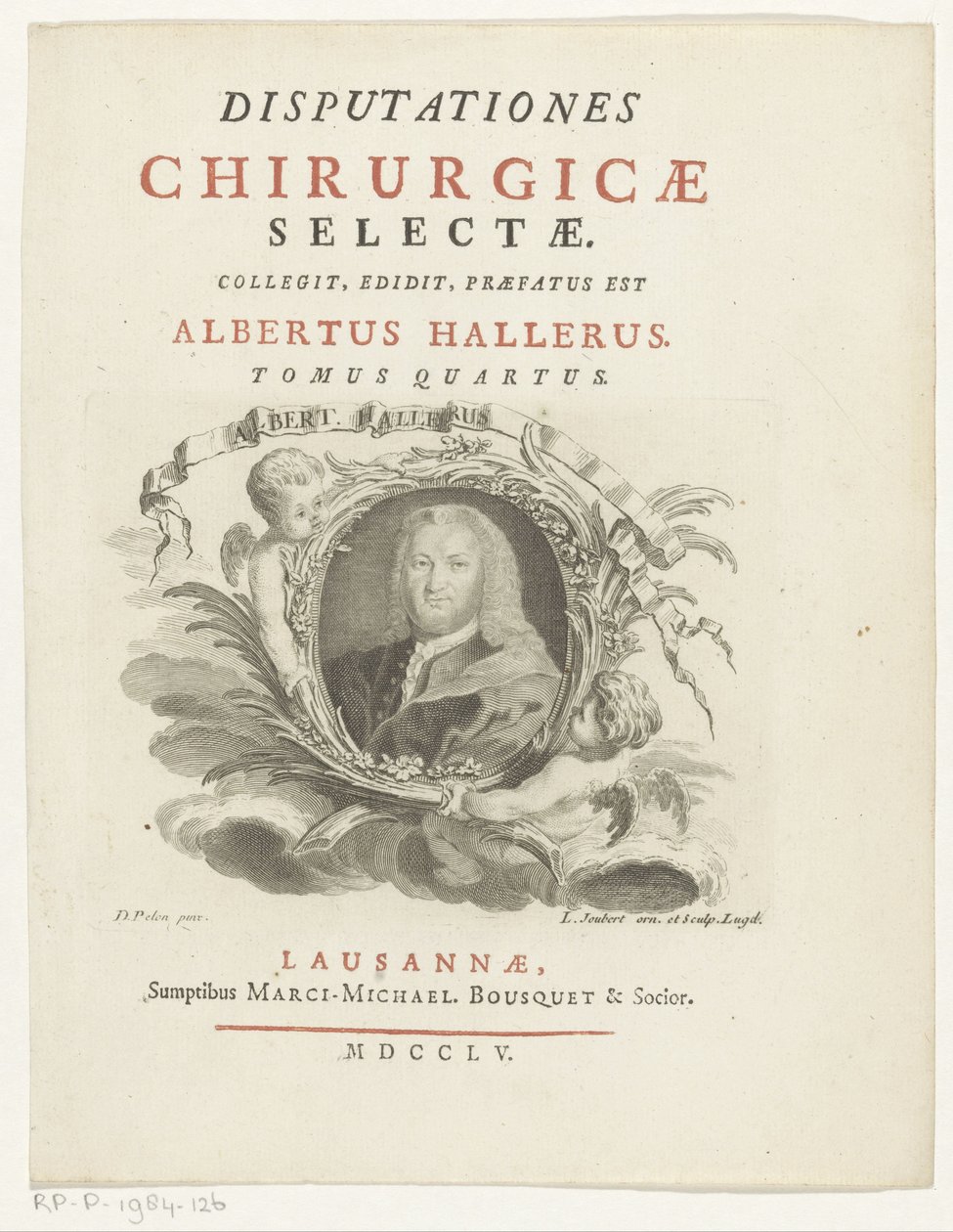 Portret af Albrecht von Haller Albert Haller (titel på objekt) Titelside for: Albrecht von Haller, Selected Surgical Discourses, 1755 af Louis Joubert