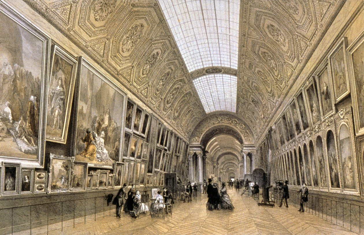 Grande Galerie, Louvre-museet, ca. 1850 (tegning) af Louis Jules (after) Arnout