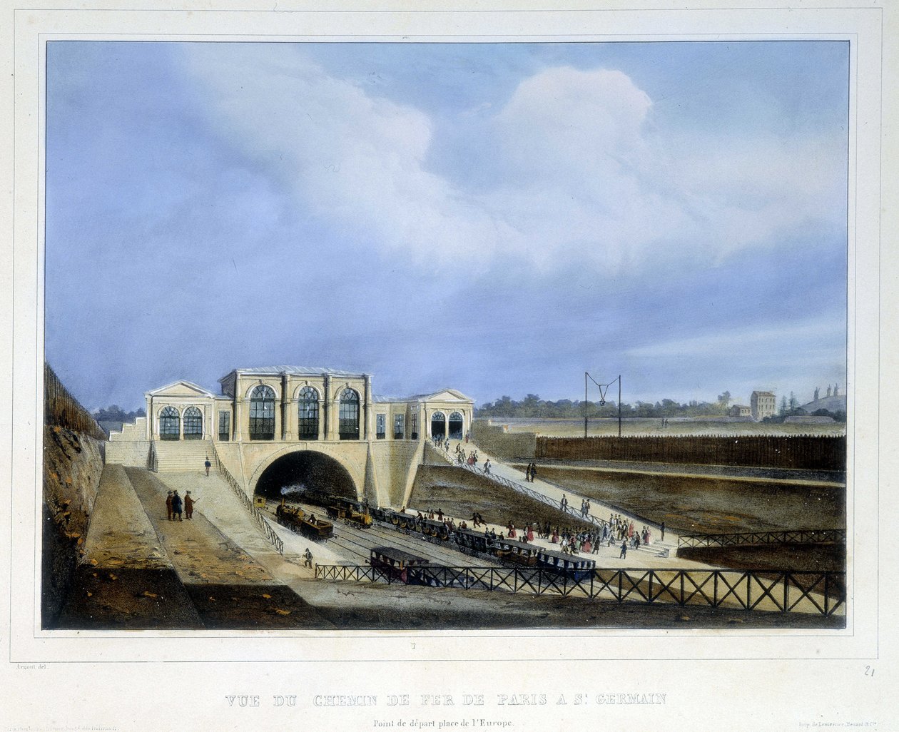 Jernbane fra Paris til Saint Germain - i "Paris i 1837" af Arnout af Louis Jules Arnout