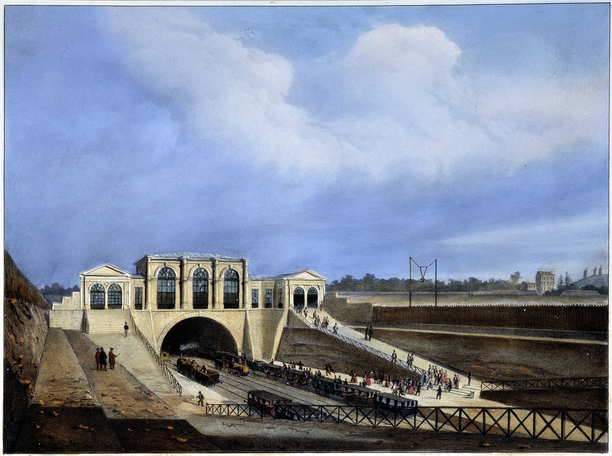 Jernbane fra Paris til Saint Germain - i "Paris i 1837" af Arnout af Louis Jules Arnout