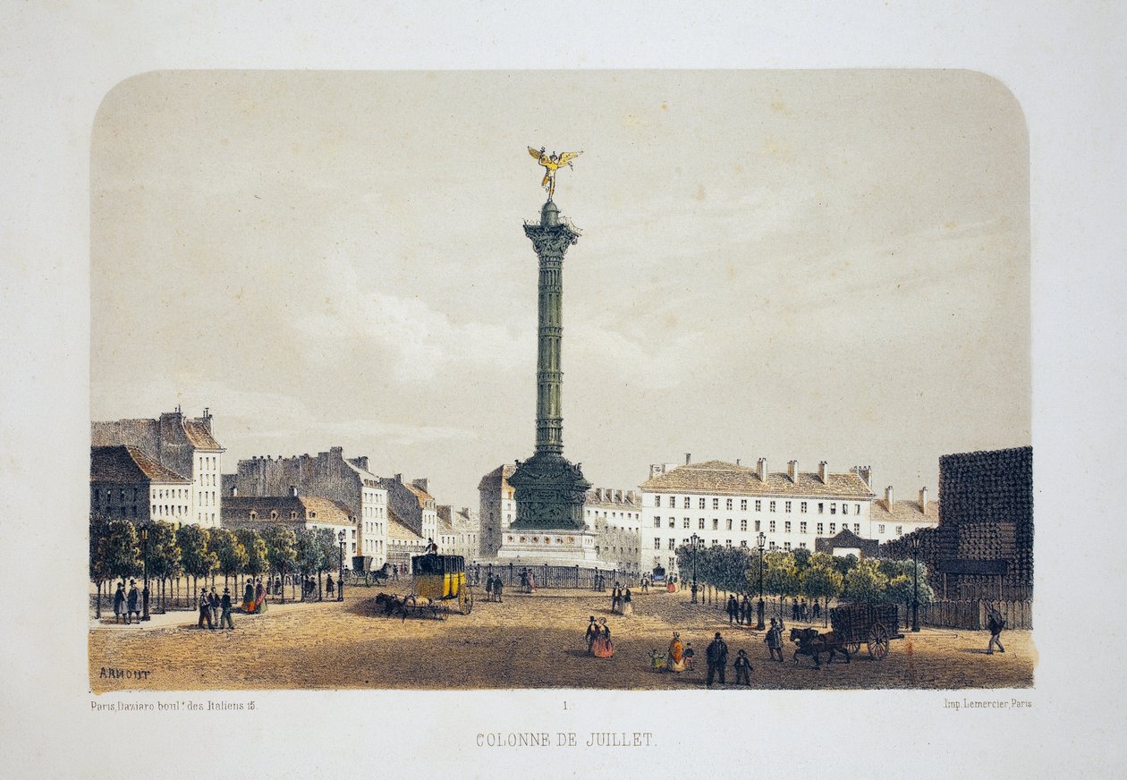 Julisøjle (Place de la Bastille), Paris. Litografi akvarel, illustration af Arnout, i "Album, souvenirs de Paris"", Daziaro-redaktør, Paris af Louis Jules Arnout