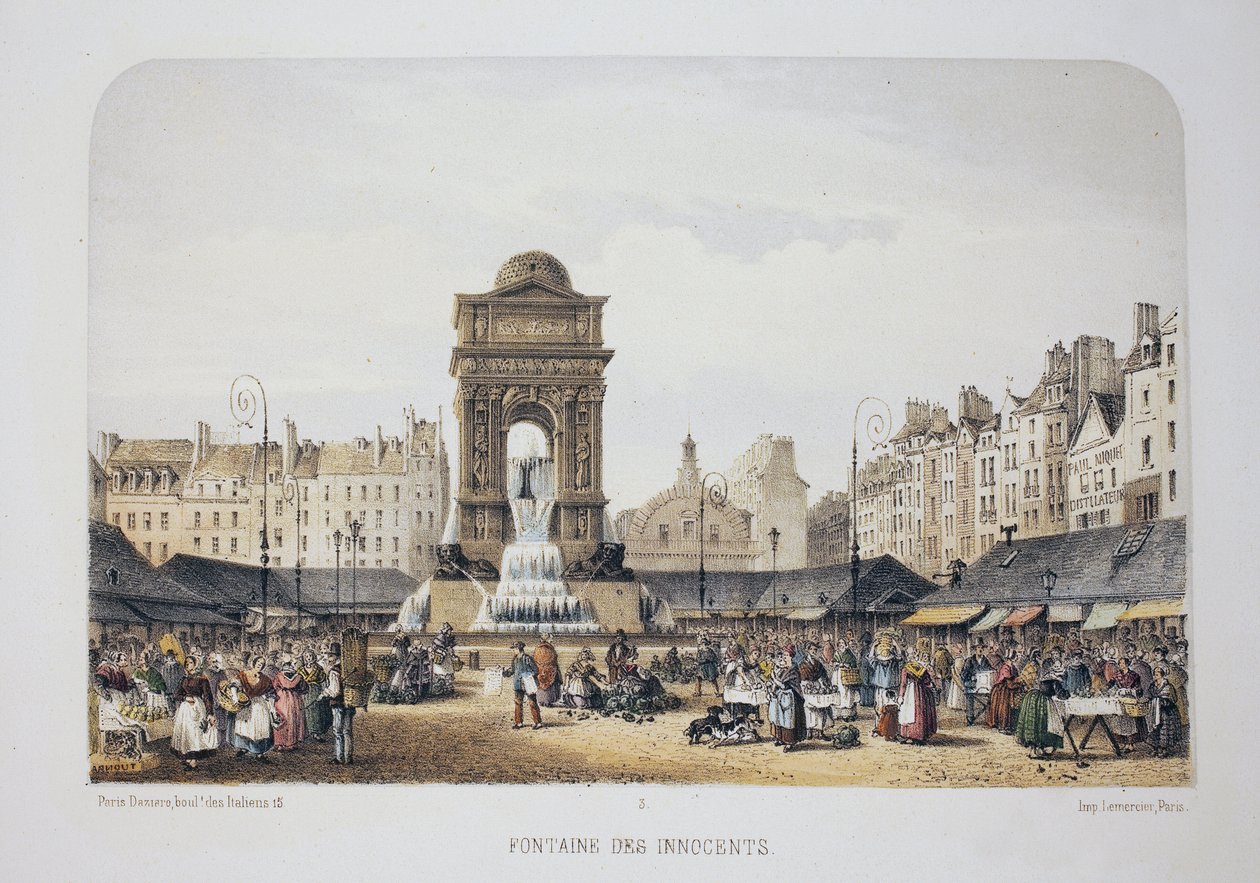 Fountain of the Innocents (Nymphernes Fountain), Paris. Litografi akvarel, illustration af Arnout, i "Album, souvenirs de Paris"", Daziaro-redaktør, Paris af Louis Jules Arnout
