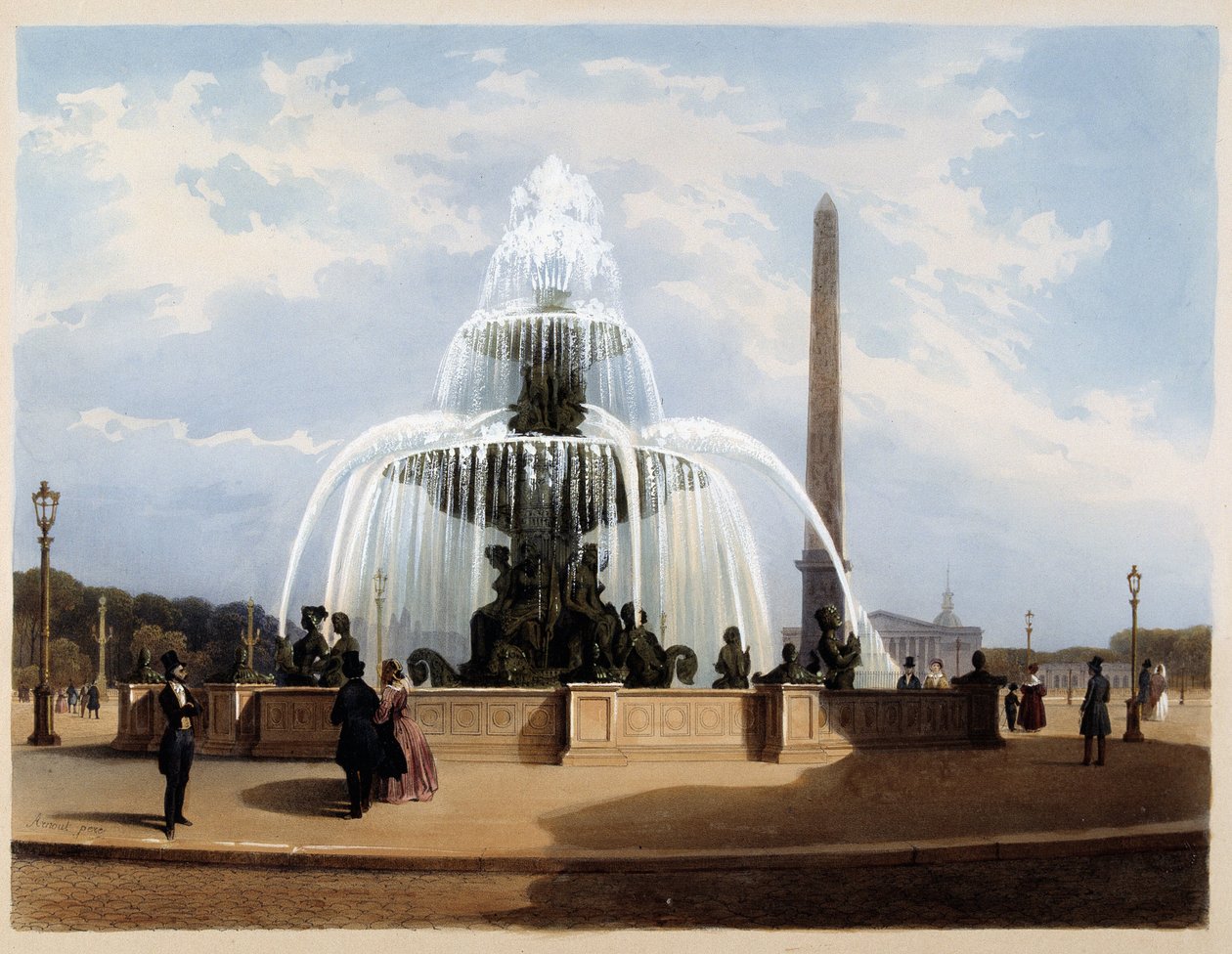 Fontæne af Place de la Concorde - i "Paris en 1837" af Arnout af Louis Jules Arnout