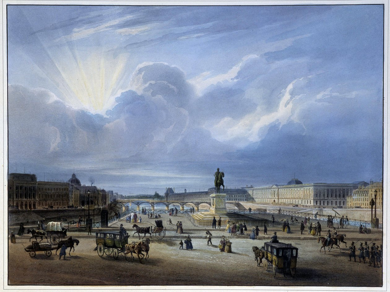 Generelt billede af Louvre og statuen af Henrik IV - i "" Paris en 1837"" af Arnout af Louis Jules Arnout