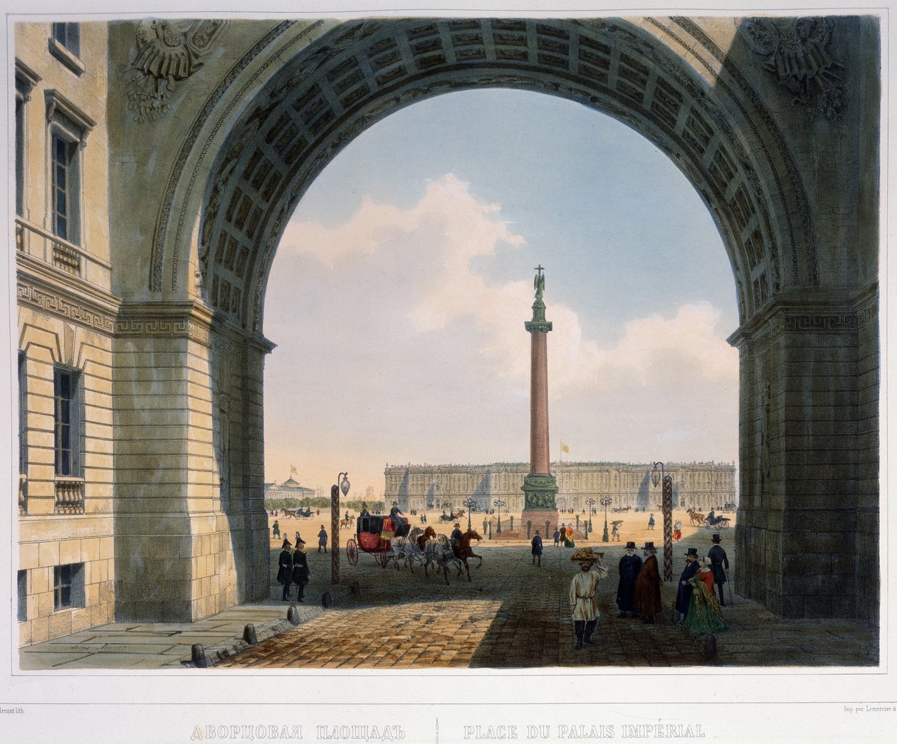 Slotspladsen, udsigt fra buen til hovedhærens hovedkvarter (Sankt Petersborg) Litografi af Louis Jules Arnout (1814-1868), farvelagt i akvarel, 25,2 x 33,5 cm, ca. 1840. Fransk kunst af Louis Jules Arnout