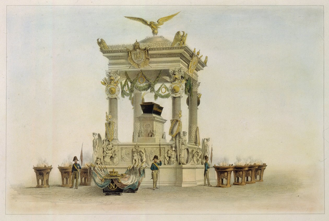 Napoleon I Bonapartes kiste (1769-1821) i Invalides kirken (Paris, Frankrig). (Napoleons kiste i kirken ved Les Invalides). Værk af Louis Jules Arnout (1814-1868), litografi og akvarel. 1800-tallets franske kunst, klassicisme. af Louis Jules Arnout