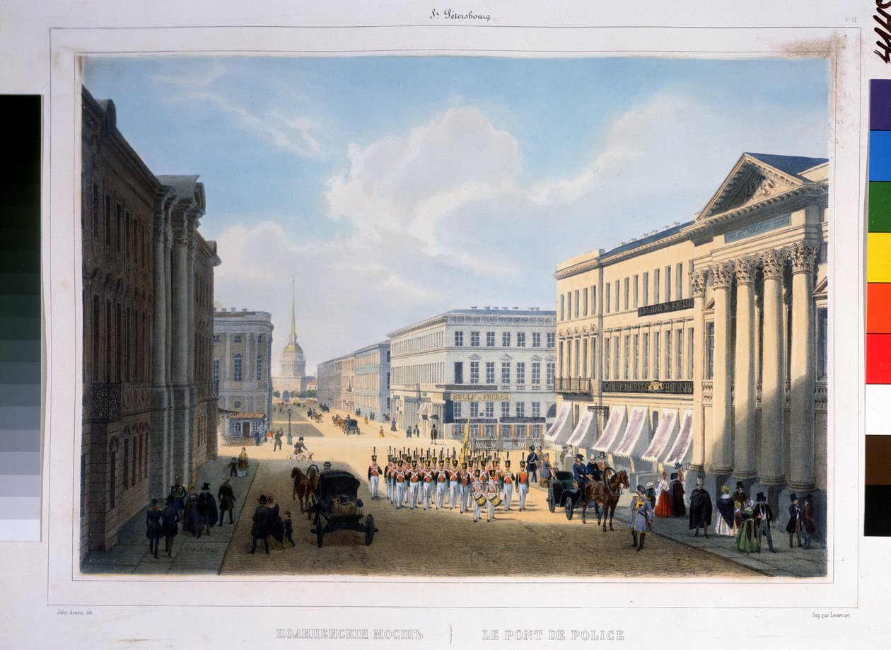 Politibroen i Sankt Petersborg, set fra Nevsky Prospekt fra Stroganov-paladset. Litografi af Louis Jules Arnout (1814-1868), farvelagt af Louis Jules Arnout