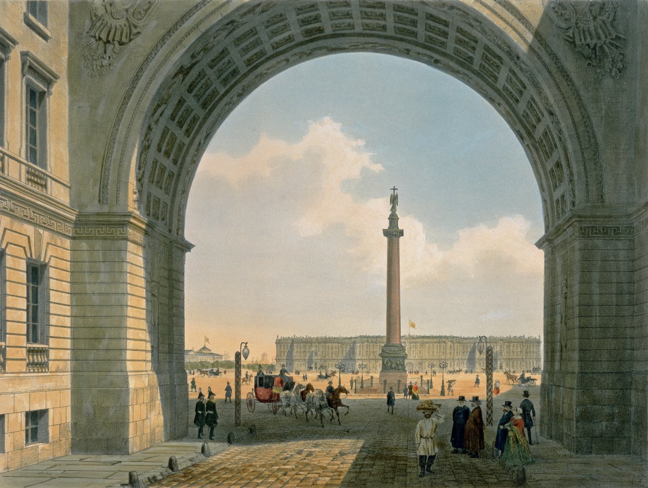 Slotspladsen, Udsigt fra Army-hovedkvarterets bue, St. Petersborg, trykt af Lemercier, Paris, 1840