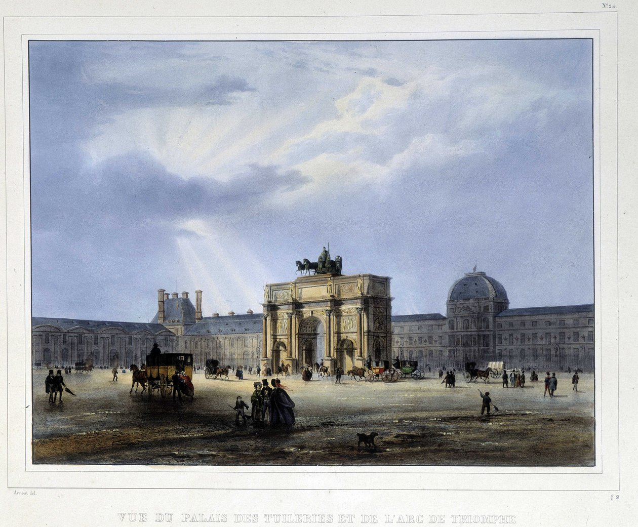 Tuileries Palace og Arc de Triomphe du Carrousel - i "Paris en 1837" af Arnout af Louis Jules Arnout