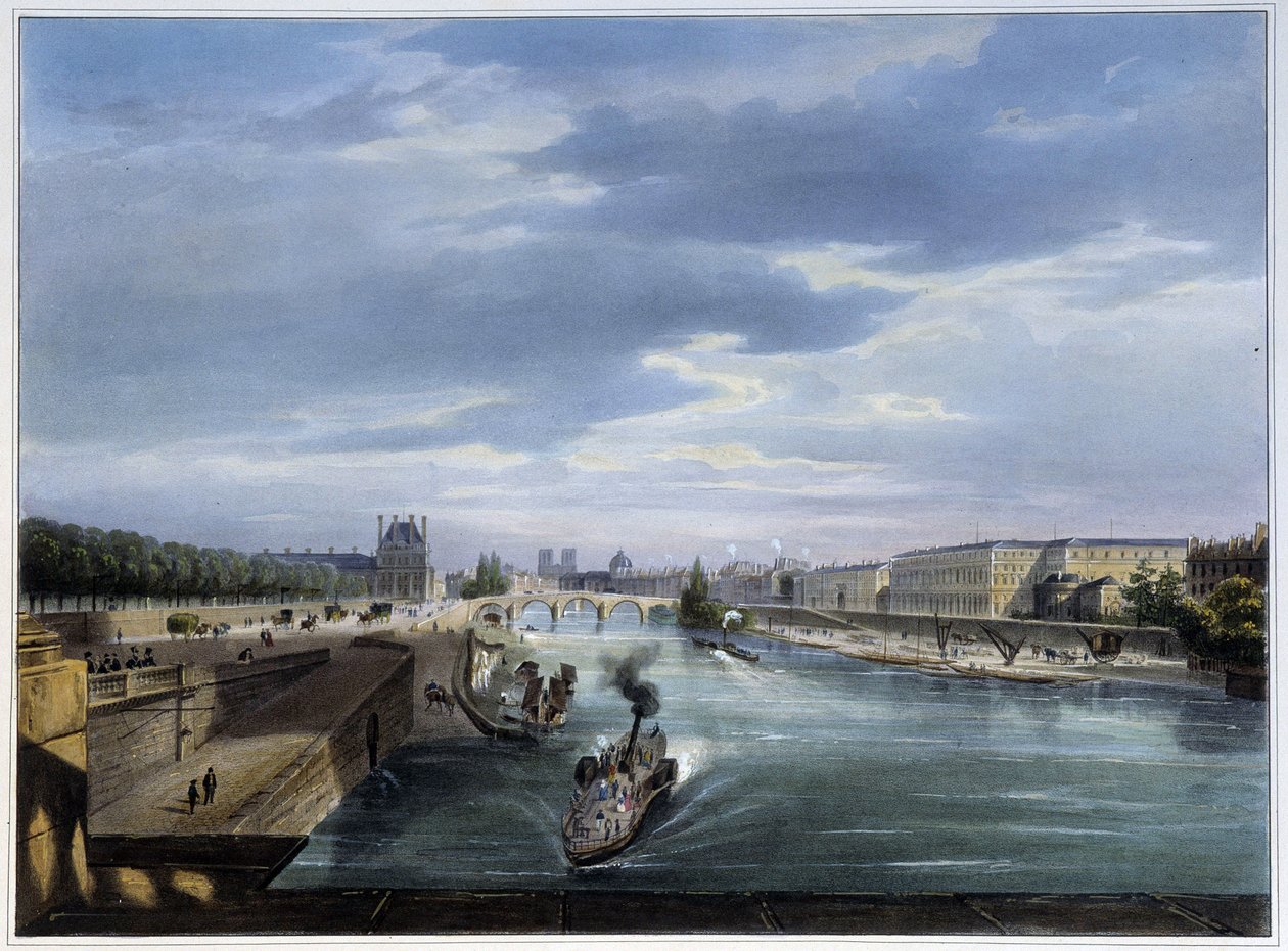 Pont du Carrousel et bateau damp - i "" Paris en 1837" af Arnout af Louis Jules Arnout