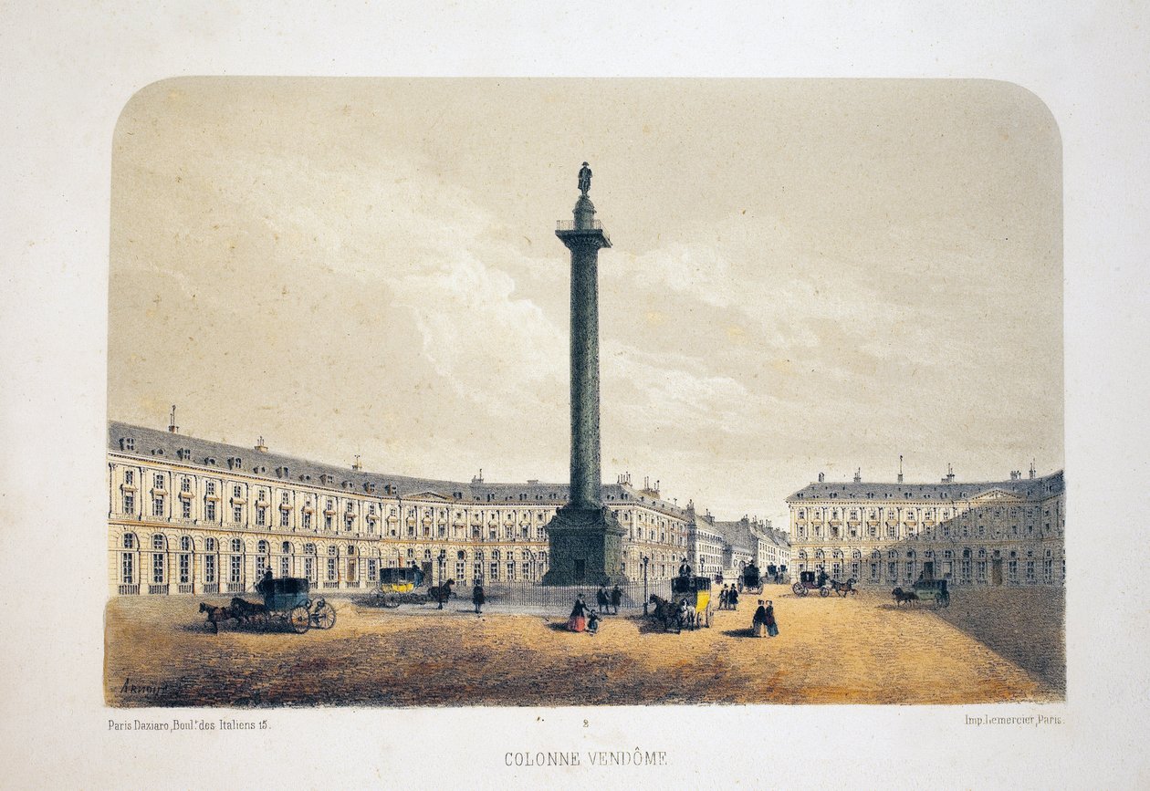 Vendome-søjlen, Paris. Litografi akvarel, illustration af Arnout, i "Album, souvenirs de Paris"", Daziaro-redaktør, Paris af Louis Jules Arnout