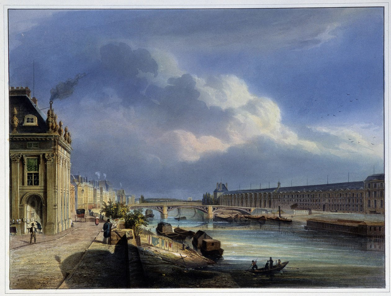 Udsigt over Pont du Carrousel og Grand Galerie du Louvre - i "Paris en 1837" af Arnout af Louis Jules Arnout