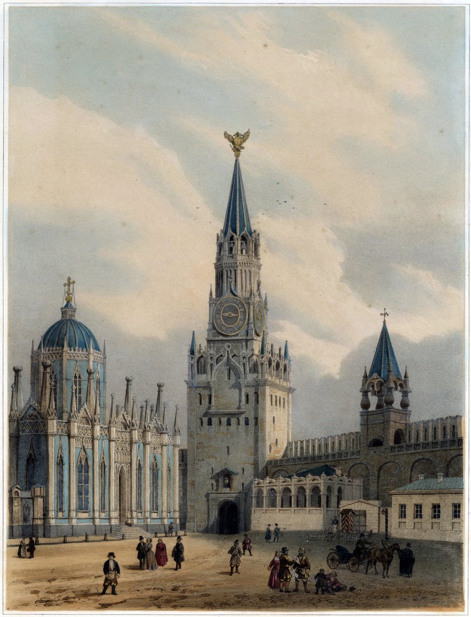 ""Udsigt over Den Hellige Frelsers Tårn (eller Spasskaia-tårnet) og på den røde plads, Kreml, Moskva"" (The Spasskaya Tower (Saviour Gates) og Saint Catherine Church of Ascension Convent i Moskva Kreml) Litografi af Louis Jules Arnout (1814-1868) - 1 af Louis Jules Arnout