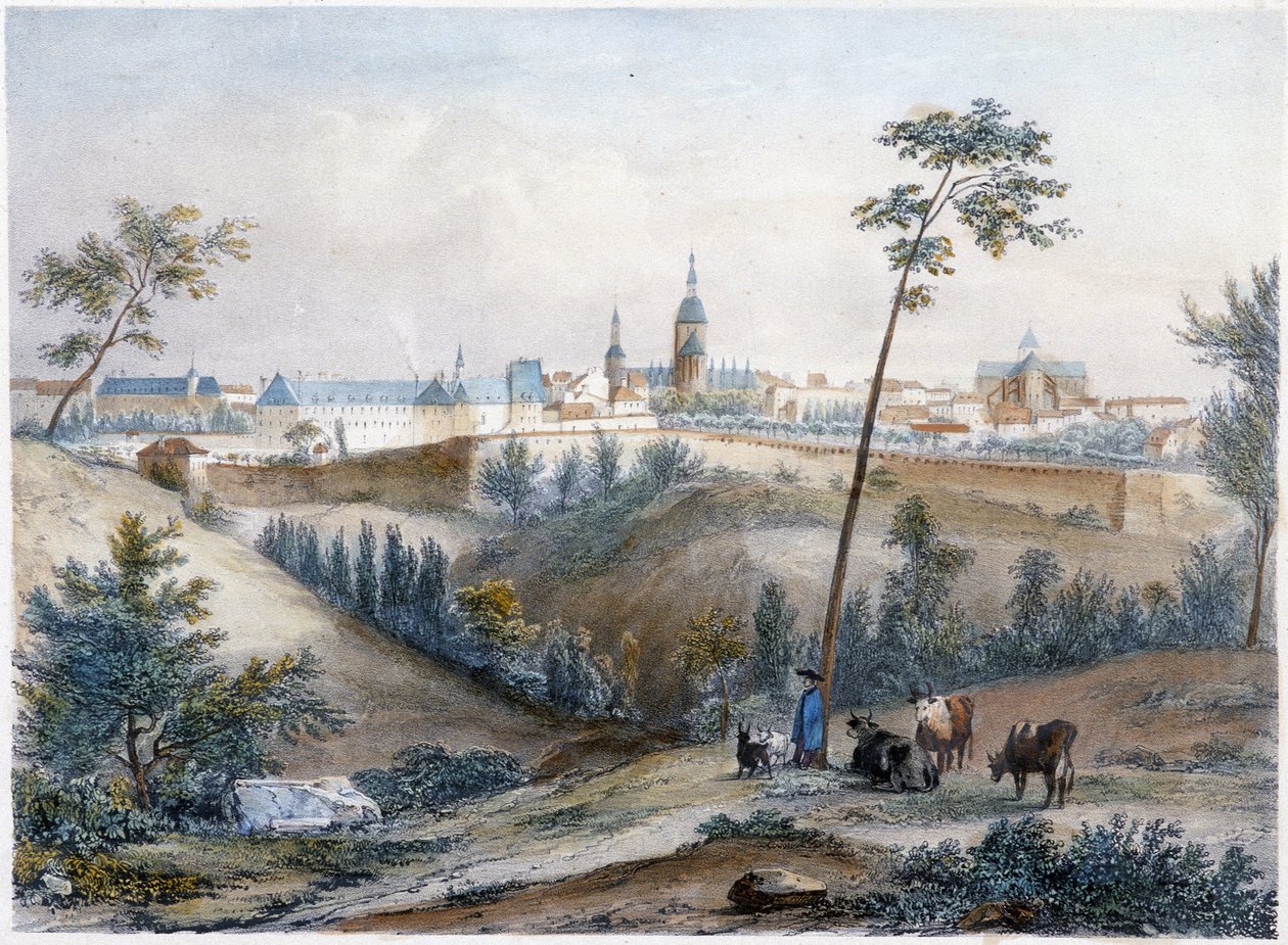 Bouvier i det bretonske landskab (Dinan i det fjerne) - litografi af Jacottet og Benoist af Louis Julien Jacottet