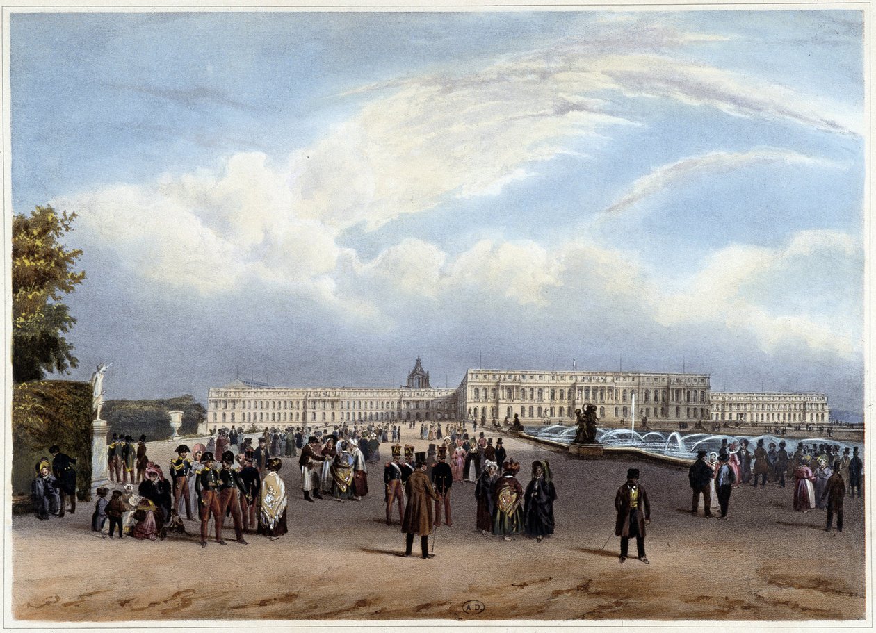 Generelt billede af facaden på Château de Versailles - i "Promenade dans Paris et ses environs"", designet af Jacottet og Benoist, ca. 1840 af Louis Julien Jacottet