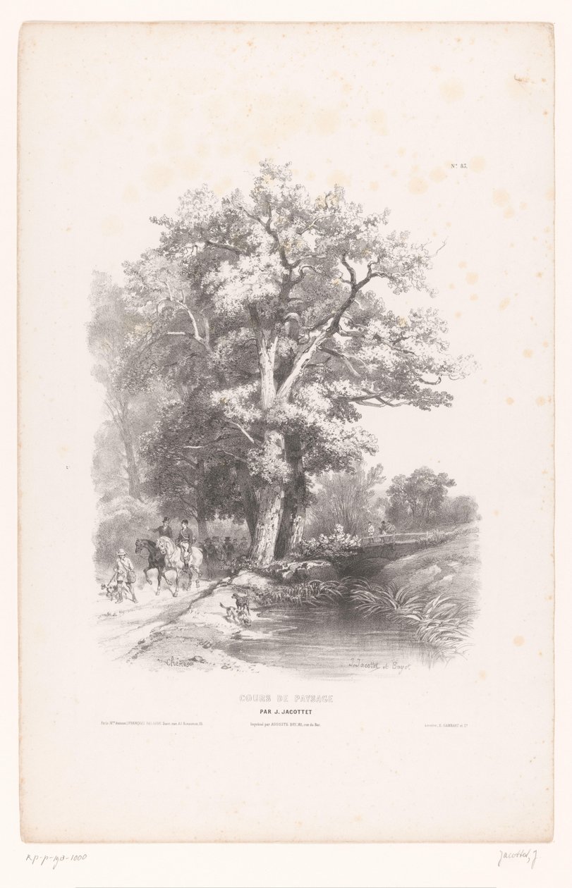 Jægere med hunde langs en grøft i en skov Landskabstegningskursus (serietitel) Cours de Paysage (serietitel på objekt) af Louis Julien Jacottet