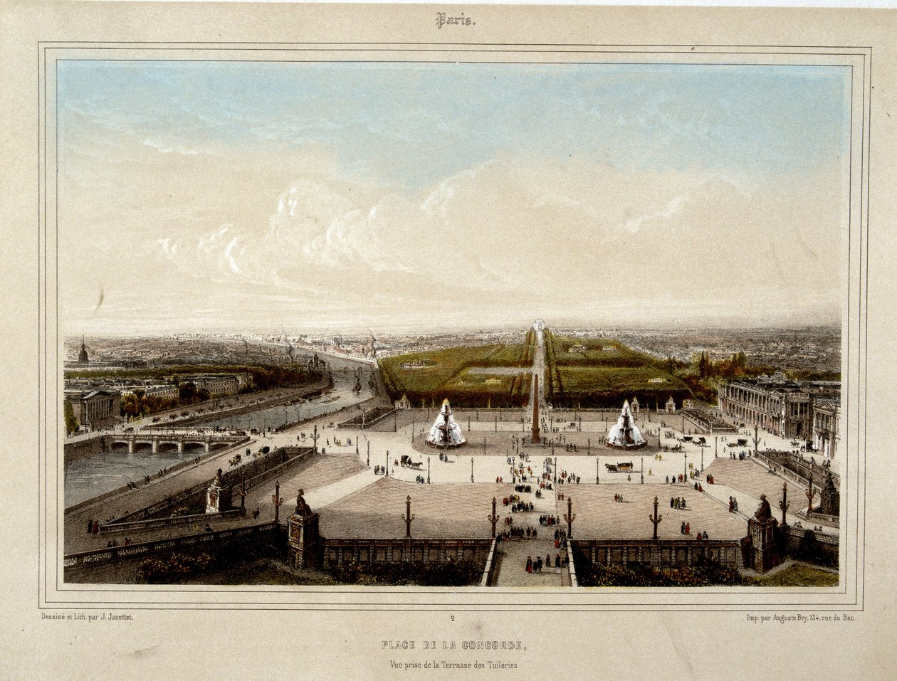 Place de la Concorde - Litografi af Jacottet af Louis Julien Jacottet