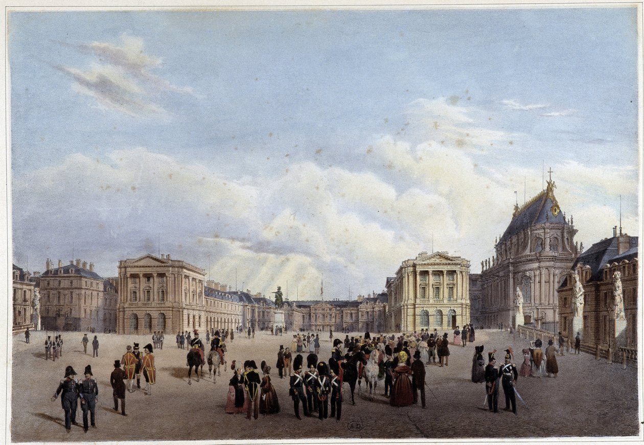 Versailles-slottets hovedgård - i ""Gå i Paris og dens omgivelser"", designet af Jacottet og Benoist, ca. 1840 af Louis Julien Jacottet