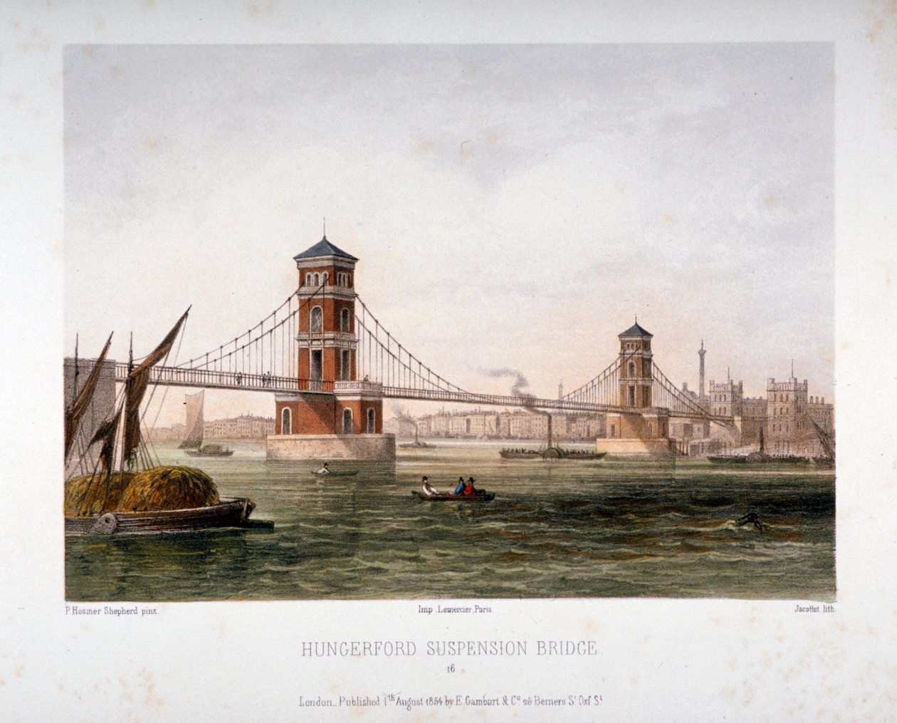 Udsigt over Hungerford Bridge fra øst, London, 1854. af Louis Julien Jacottet