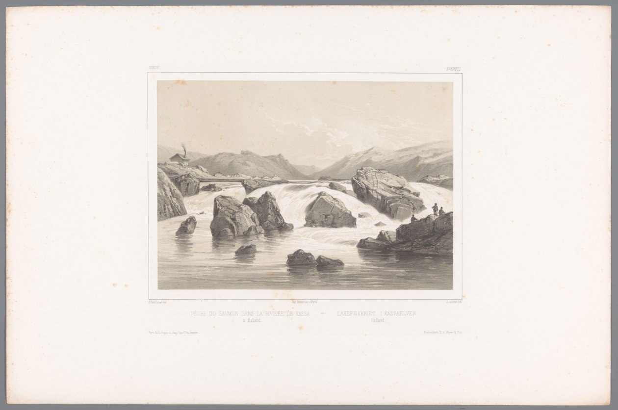 Laksefiskere ved Kassa å i Halland Pêche du saumon dans la rivière de Kassa à Halland / Laxefiskeriet i Kassaelven, Halland (titel på objekt) Faces in Scandinavia (serietitel) Vues du Nord. Ruskind (serietitel) af Louis Julien Jacottet