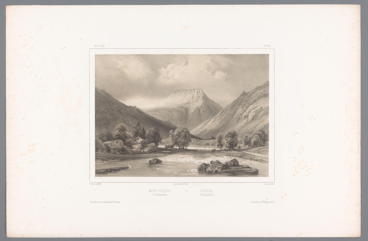 Udsigt over Gaustatoppen i Telemark Mont-Gousta à Tellemarken / Gousta. Tellemarken (titel på objekt) Faces in Scandinavia (serietitel) Vues du Nord. Norvege (serietitel) af Louis Julien Jacottet