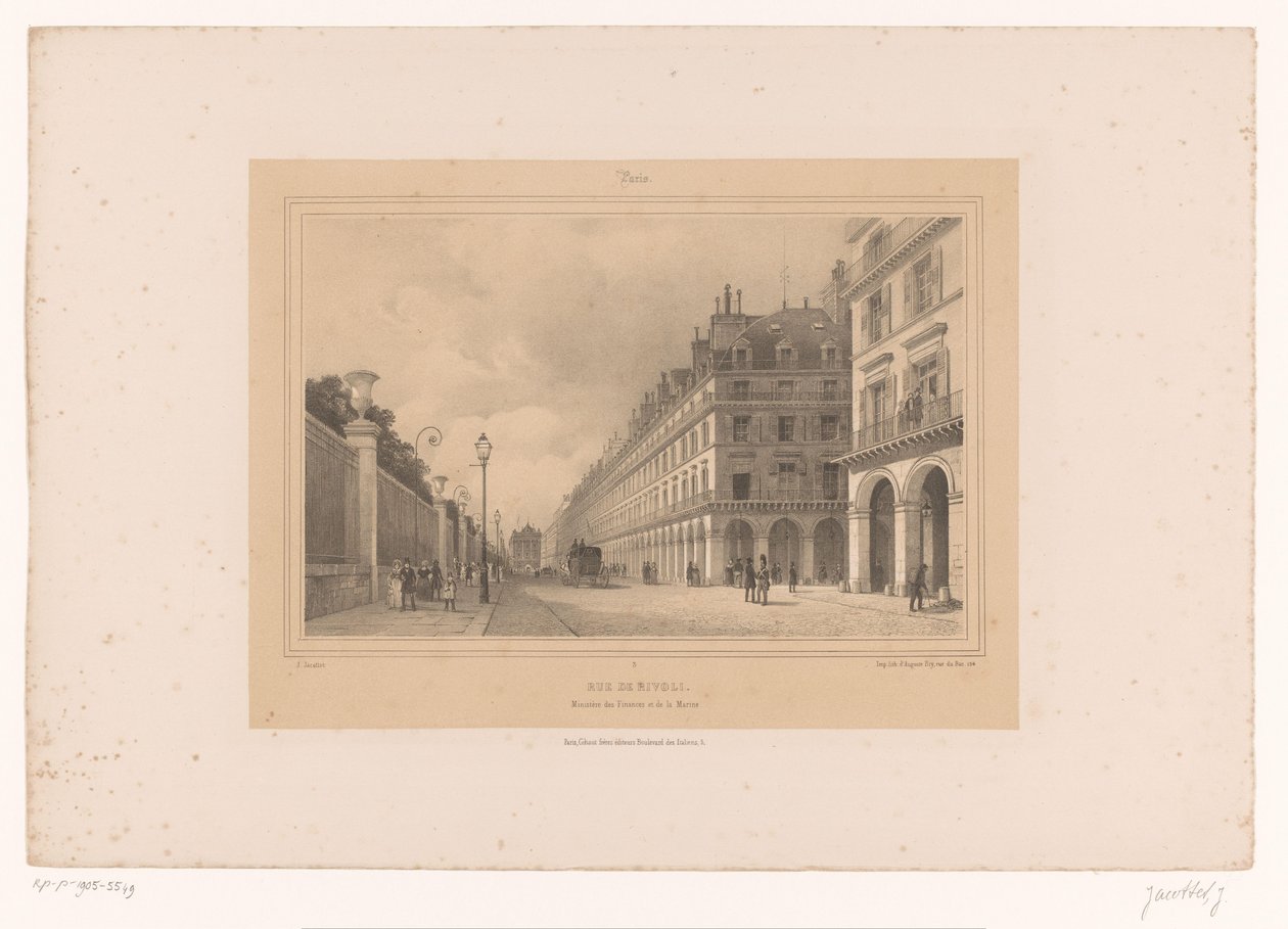 Udsigt over Rue de Rivoli Rue de Rivoli. Ministère des Finances et de la Marine (titel på objekt) Ansigter i og omkring Paris (serietitel) Paris (serietitel på objekt) af Louis Julien Jacottet