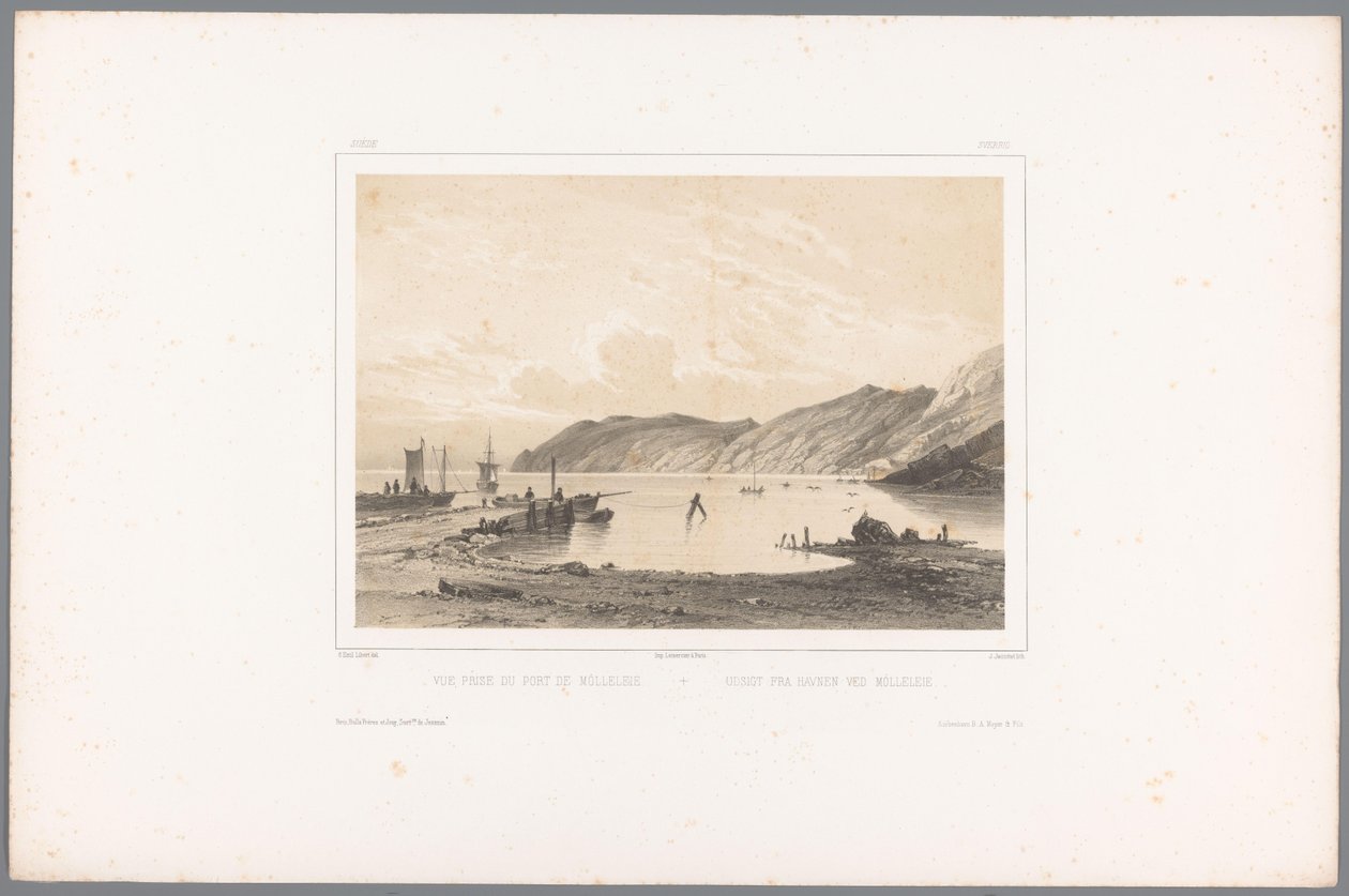 Udsigt over havnen i Mölle Vue prize du Port de Mólleleie / Udsigt fra Havnen ved Mólleleie (titel på objekt) Faces in Scandinavia (serietitel) Vues du Nord. Ruskind (serietitel) af Louis Julien Jacottet