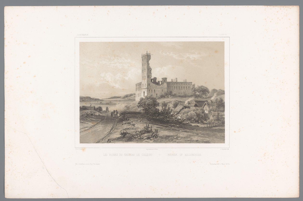 Udsigt over ruinerne af Koldinghus Les ruines du château de Colding / Ruiner af Koldinghuus (titel på objekt) Faces in Scandinavia (serietitel) Vues du Nord. Danemarck (serietitel) af Louis Julien Jacottet