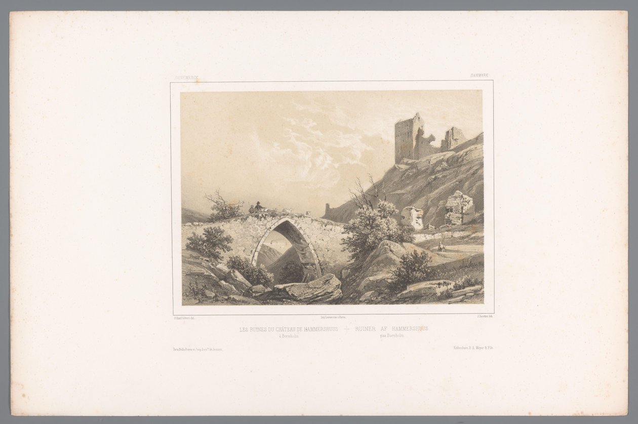 Udsigt over ruinerne af Hammershus Slot Les ruines du Château de Hammershuus / Ruiner af Hammershuus (titel på objekt) Faces in Scandinavia (serietitel) Vues du Nord. Danemarck (serietitel) af Louis Julien Jacottet