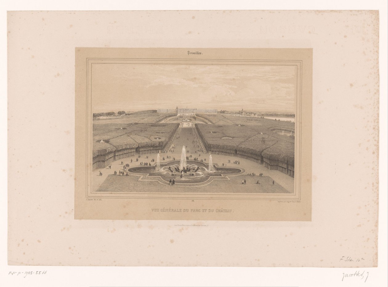 Udsigt over Versailles haver Vue generale du Parc et du Château (titel på objekt) Ansigter i og omkring Paris (serietitel) Versailles (serietitel på objekt) af Louis Julien Jacottet